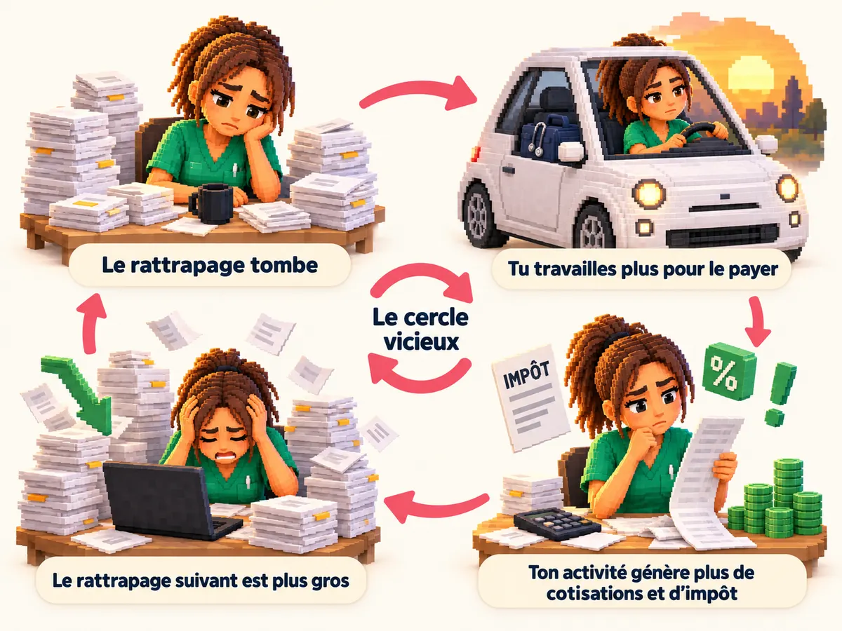 Le cercle vicieux des cotisations, en quatre étapes : le rattrapage tombe, tu travailles plus pour le payer, ton activité génère plus de cotisations et d’impôt, le rattrapage suivant est plus gros.