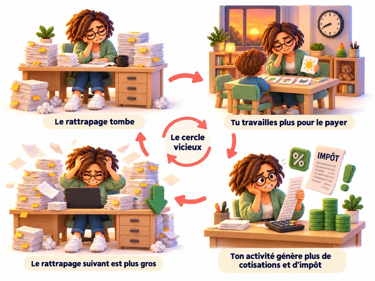 Le cercle vicieux des cotisations, en quatre étapes : le rattrapage tombe, tu travailles plus pour le payer, ton activité génère plus de cotisations et d’impôt, le rattrapage suivant est plus gros.