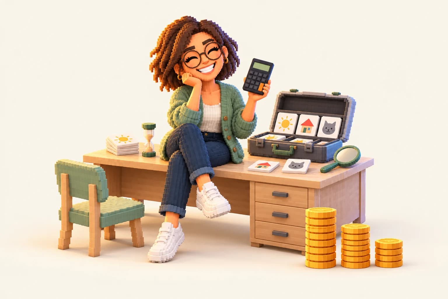 Orthophoniste libérale assise sur le bureau de son cabinet, calculatrice en main, à côté d'une mallette de tests ouverte, de cartes imagées, d'un sablier, d'une chaise d'enfant et de trois piles de pièces de hauteurs décroissantes représentant ses charges