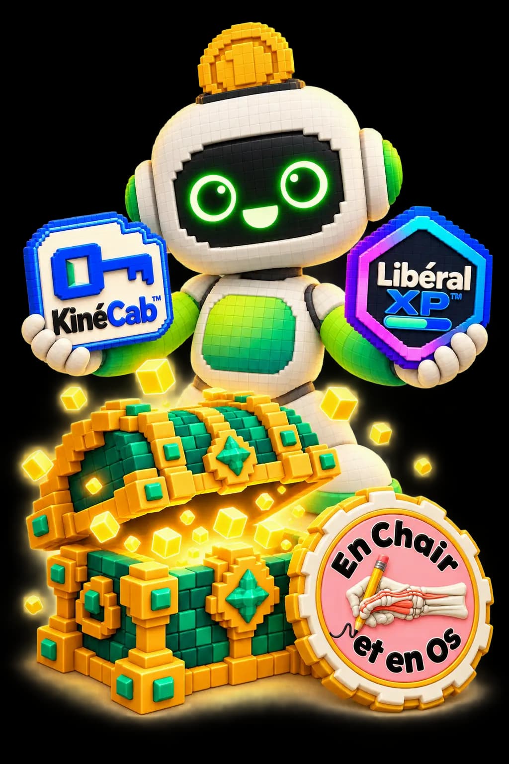 Coffre au trésor Earny et la mascotte tenant les badges KinéCab et Libéral XP, à côté du badge En Chair et en Os.