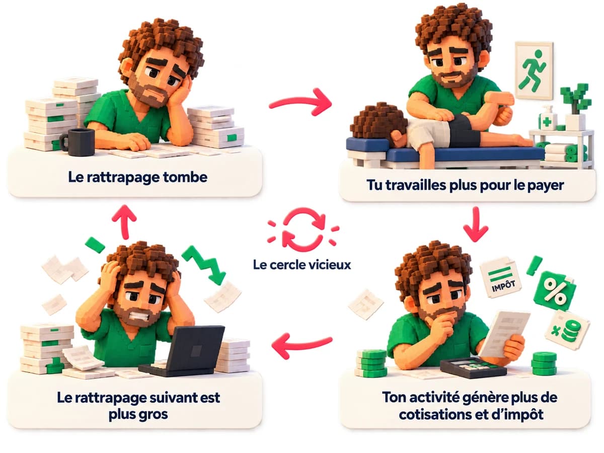 Le cercle vicieux des cotisations, en quatre étapes : le rattrapage tombe, tu travailles plus pour le payer, ton activité génère plus de cotisations et d’impôt, le rattrapage suivant est plus gros.
