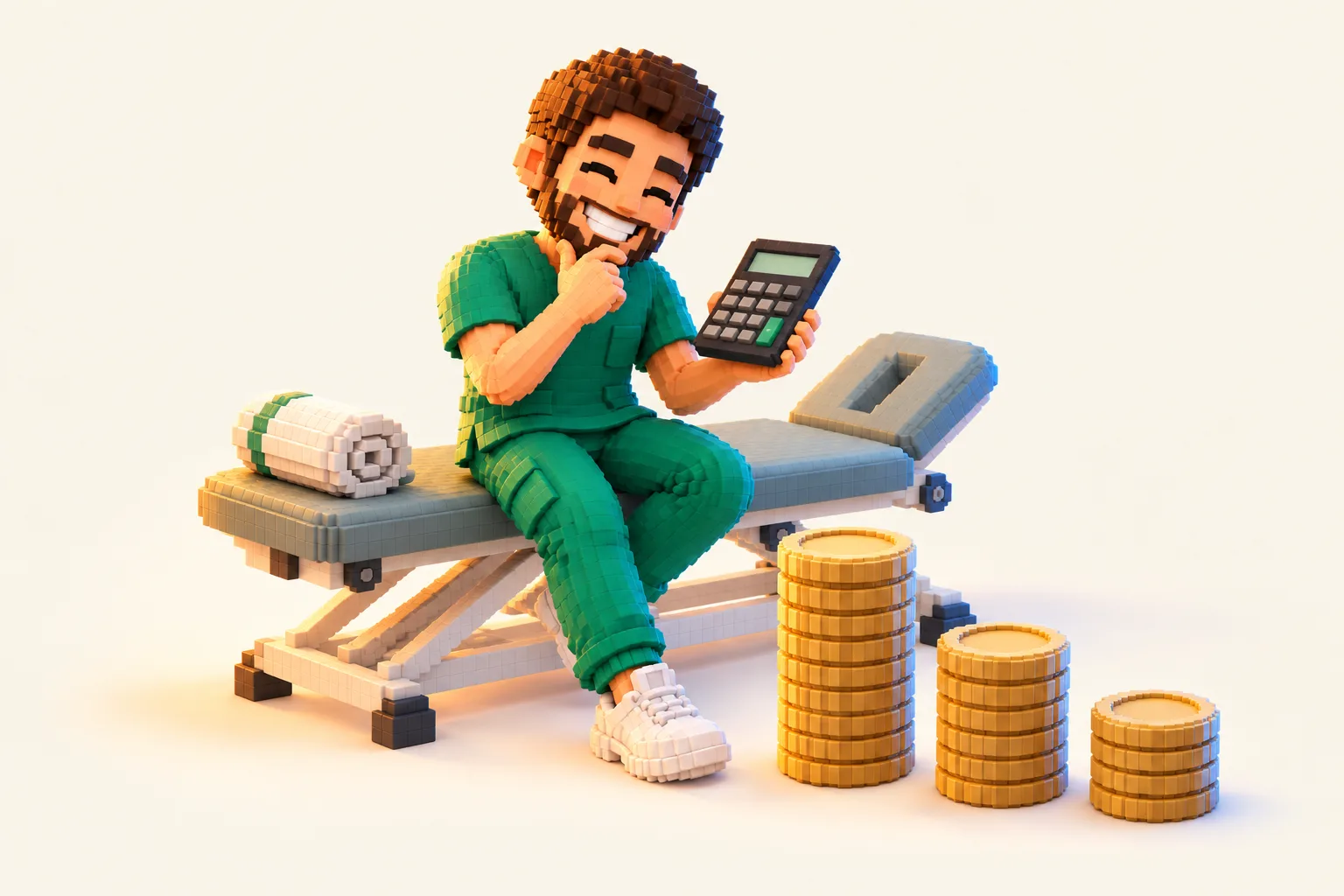 Kinésithérapeute libéral assis sur une table de massage, calculatrice en main, devant trois piles de pièces de hauteurs décroissantes représentant ses charges